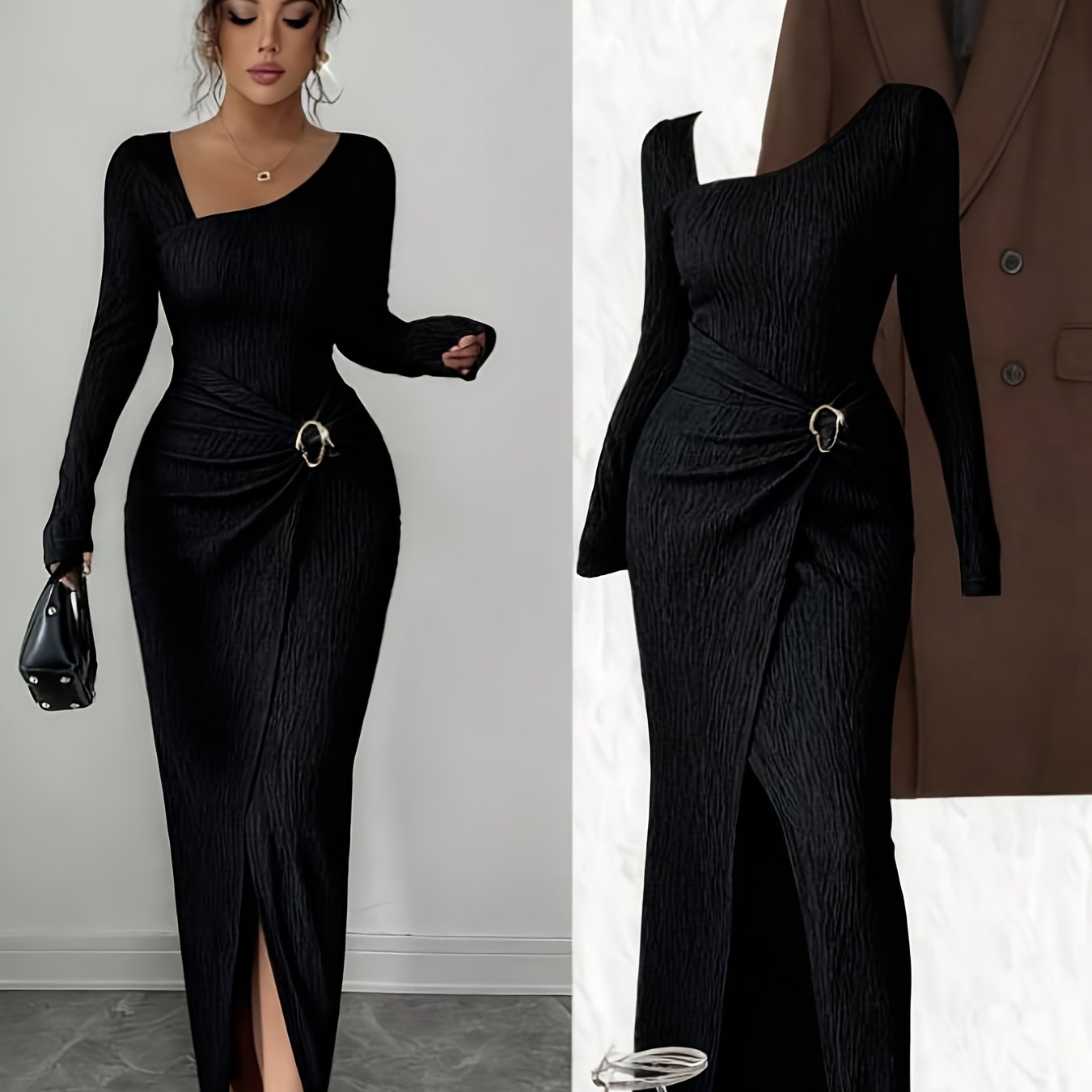 Elegant Mermaid Dress with Asymmetrical Neckline & Slit