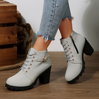 Women'S Comfortable Elegant Outdoor Lace-Up High Heels with Chunky Heel Side Zipper High Heel Ankle Boots, Solid Color, All-Season, Plain Toe, Faux Cover, Fabric Inner and Insole, Hand Washable, Casual Dress Shoes | Laceup Ankle Boots | Faux Cover Boots