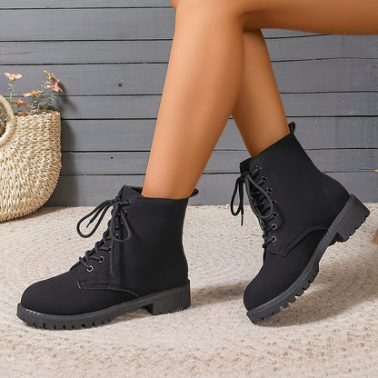 Women'S British Style Black High-Top Ankle Boots - Casual Winter Lace-Up Short Boots with Flat Rubber Sole, Round Toe & Fabric Upper for Casual Attire, Winter Boots, Round Toe Design, Durable Rubber Sole