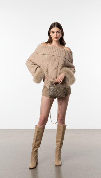 Off-Shoulder Knitted Sweater with Faux Fur Trim