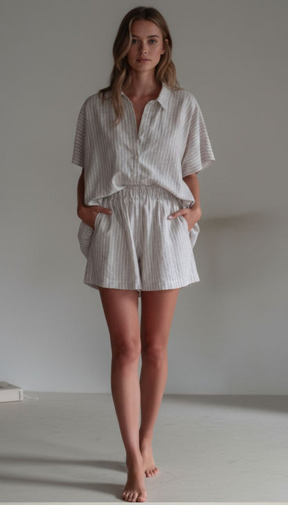 Elegant Stripe Summer Shirt & Shorts Set for Women