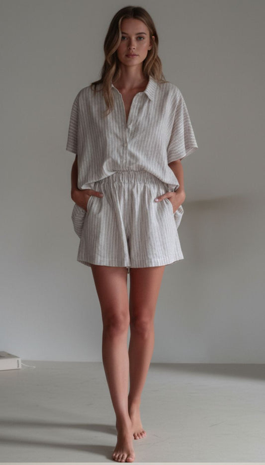 Elegant Stripe Summer Shirt & Shorts Set for Women