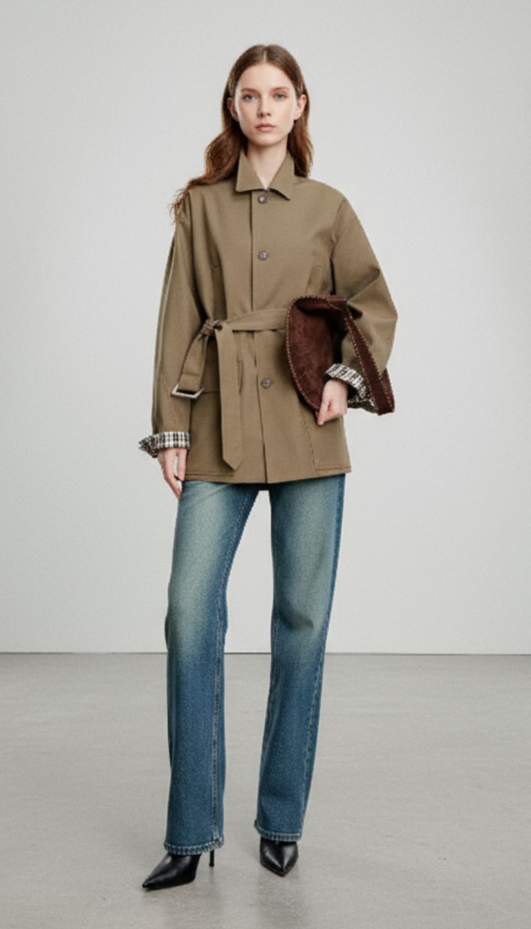 Elegant Plaid Splicing Trench Coat with Belt