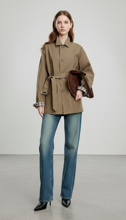 Elegant Plaid Splicing Trench Coat with Belt