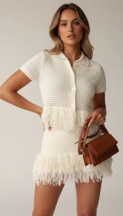 Elegant Knitted Tassel Suit - Chic Turndown Collar