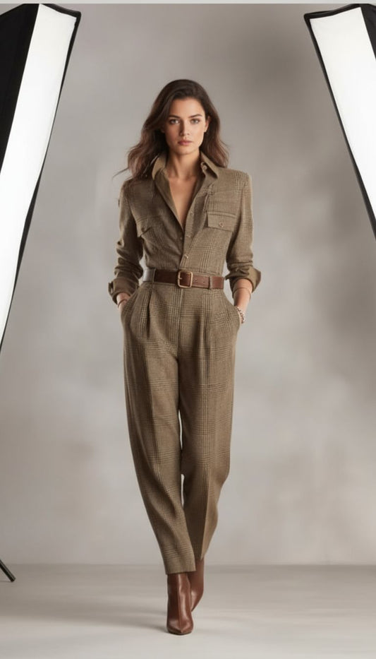 Vintage Plaid Slim Jumpsuit - Timeless Elegance