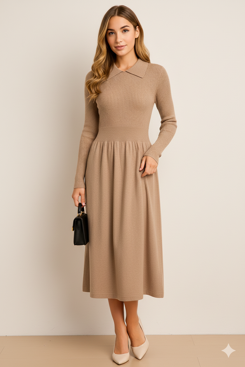 Elegant Women's Wool Polo Collar Dress