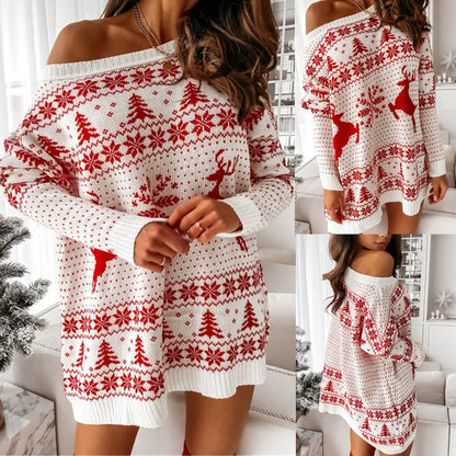 Y2K Christmas Sweater Dress – Snowflake & Fawn Knit Winter Look