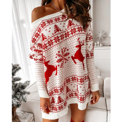 Y2K Christmas Sweater Dress – Snowflake & Fawn Knit Winter Look