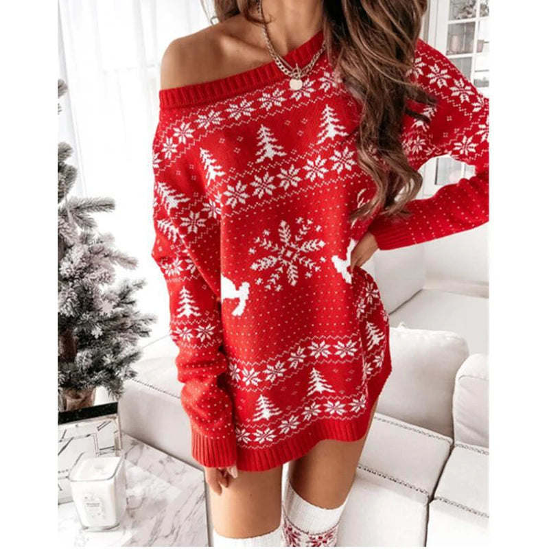 Y2K Christmas Sweater Dress – Snowflake & Fawn Knit Winter Look