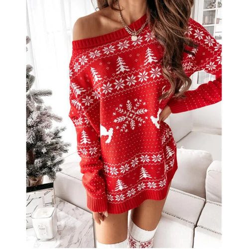 Y2K Christmas Sweater Dress – Snowflake & Fawn Knit Winter Look