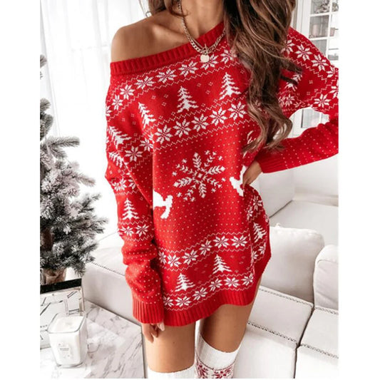 Y2K Christmas Sweater Dress – Snowflake & Fawn Knit Winter Look
