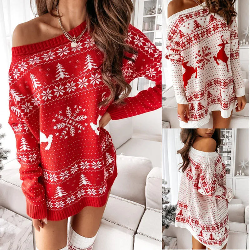 Y2K Christmas Sweater Dress – Snowflake & Fawn Knit Winter Look