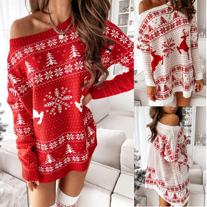 Y2K Christmas Sweater Dress – Snowflake & Fawn Knit Winter Look