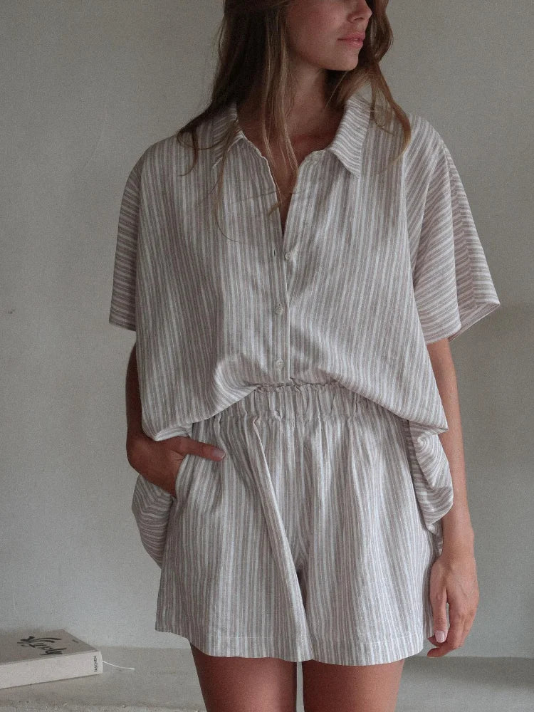 Casual Stripe Print Single Breasted Shirt Sets Womem's Oversized Elastic Waist Shorts Suits 2025 Lady Summer High Street Outfit
