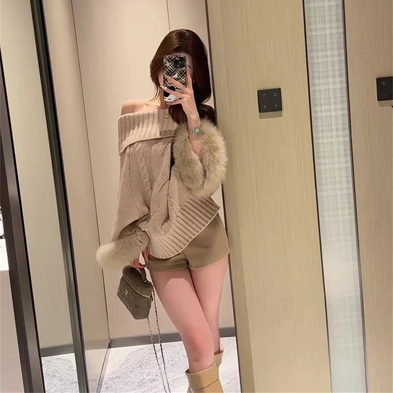 Off-Shoulder Knitted Sweater with Faux Fur Trim