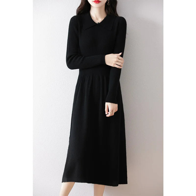 100% pure wool women's long skirt hot sale 2024 winter new fashion cashmere dress women's POLO collar wool clothing