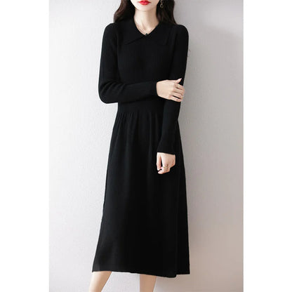 100% pure wool women's long skirt hot sale 2024 winter new fashion cashmere dress women's POLO collar wool clothing