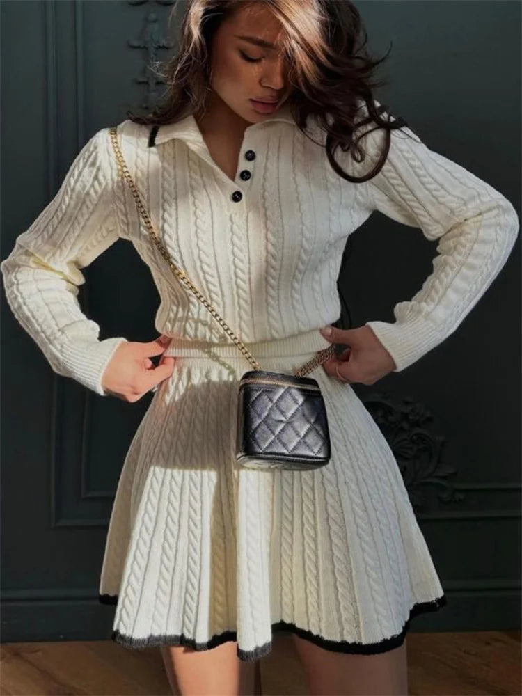 Tossy Autumn Fashion 2 Piece-Set Skirt Women's Patchwork Contrast Long Sleeve Lapel Pullover And High Waist Mini Skirt Outfits