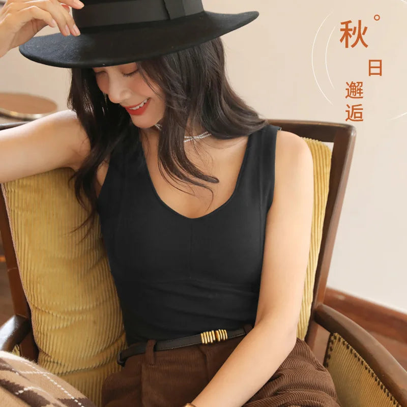 QDouble-Sided Thermal Vest Women with Chest Pads, Integrated Base Layer Autumn and Winter, Thickened Plus Size Top O