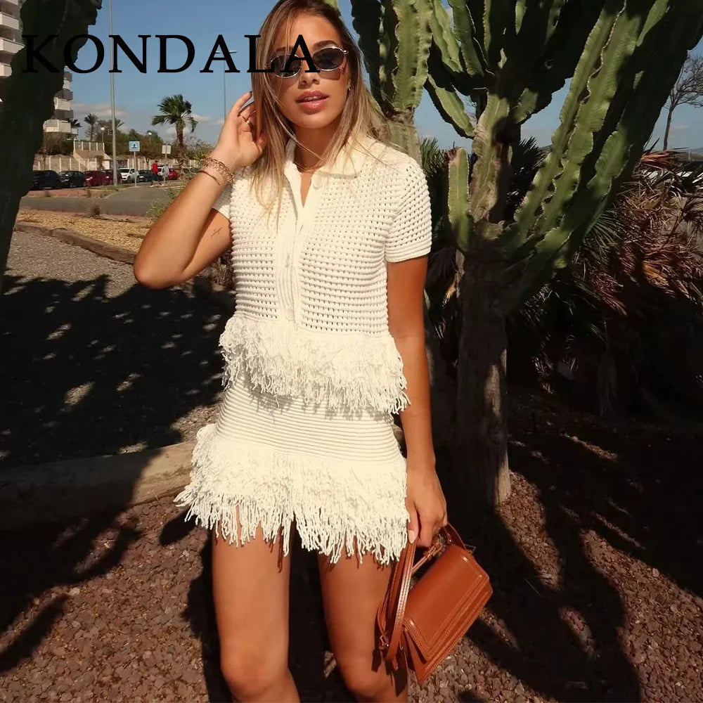 KONDALA 2025 Fall Winter Elegant Knitted Tassel Solid Women Suit Chic Turndown Collar Hollow Out Shirt Elastic Wasit Mini Skirt