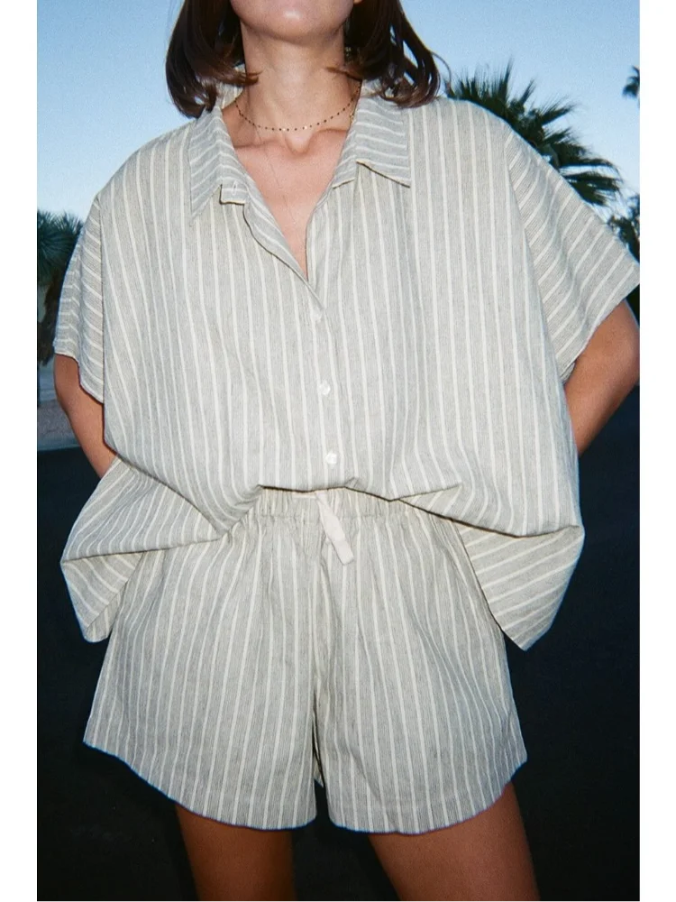 Casual Stripe Print Single Breasted Shirt Sets Womem's Oversized Elastic Waist Shorts Suits 2025 Lady Summer High Street Outfit