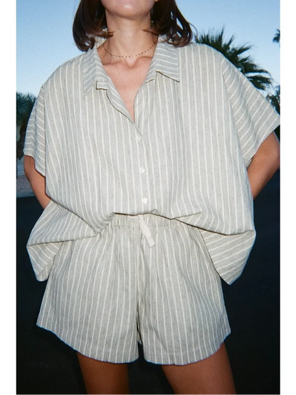 Casual Stripe Print Single Breasted Shirt Sets Womem's Oversized Elastic Waist Shorts Suits 2025 Lady Summer High Street Outfit