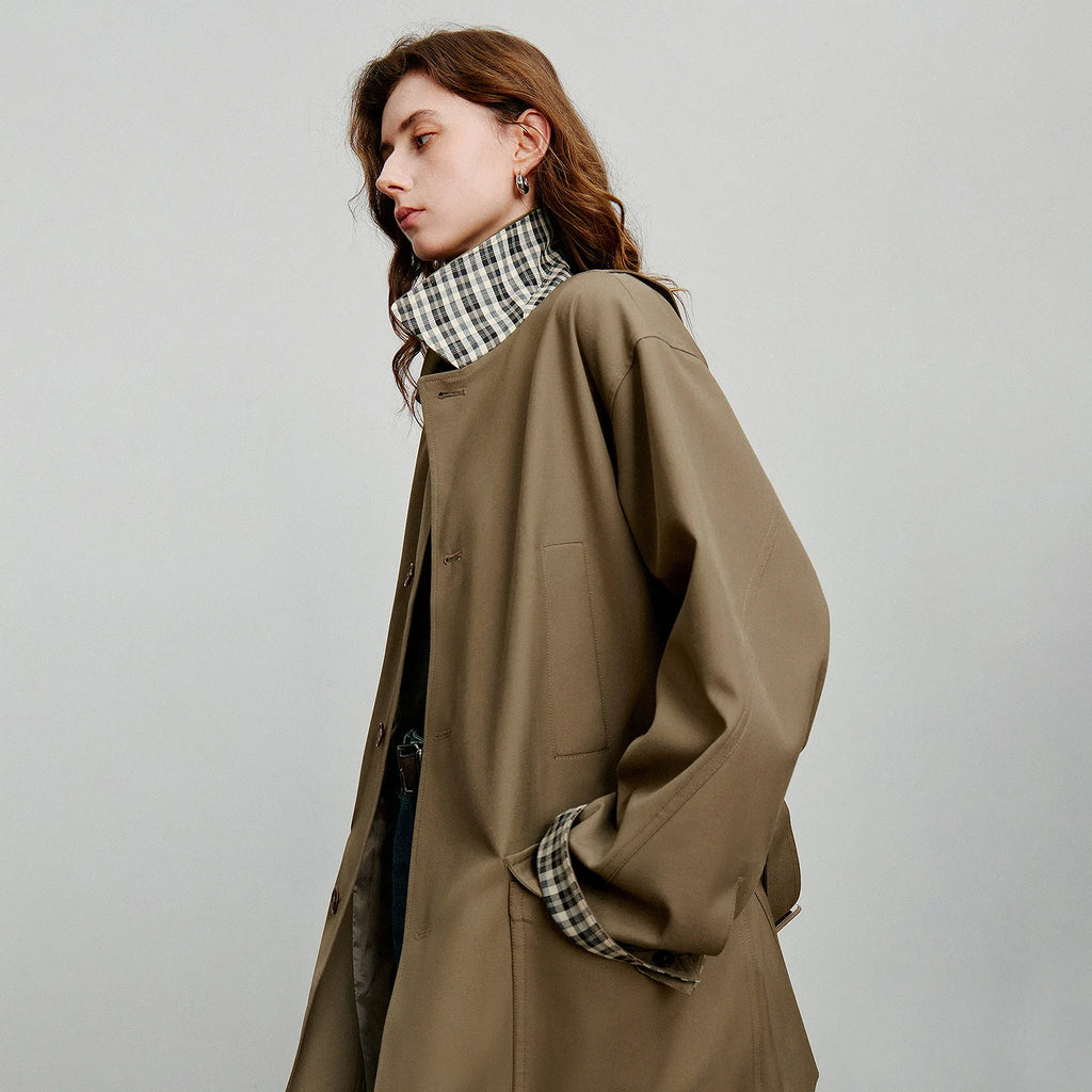 TOYOUTH Women Trench Coat 2025 Autumn New Barn Style Plaid Splicing Long Sleeve Streetwear Mid Length Jacket With Waist Belt