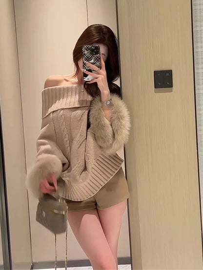 oulder-Baring Long Sve Cloak Sweater Women Loose Slimming High-End Spicy Girl Autumn Faion Pure Desire Thousand Gold Wind