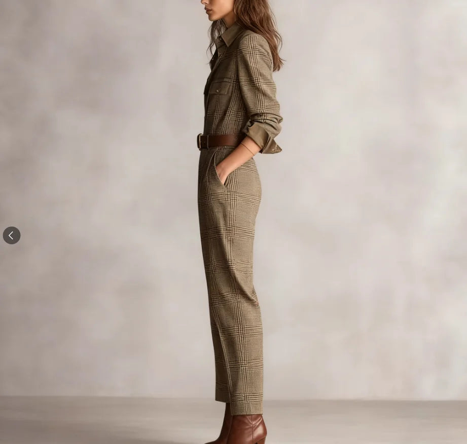 Elegant Button Lapel Shirt Jumpsuits Woman Vintage Plaid Print Pocket Slim Overalls Autumn Long Sleeve Female Clothing Bodysuits