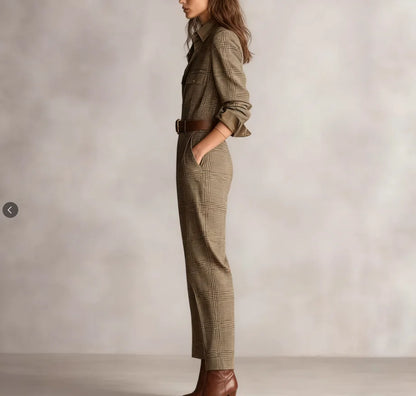 Elegant Button Lapel Shirt Jumpsuits Woman Vintage Plaid Print Pocket Slim Overalls Autumn Long Sleeve Female Clothing Bodysuits