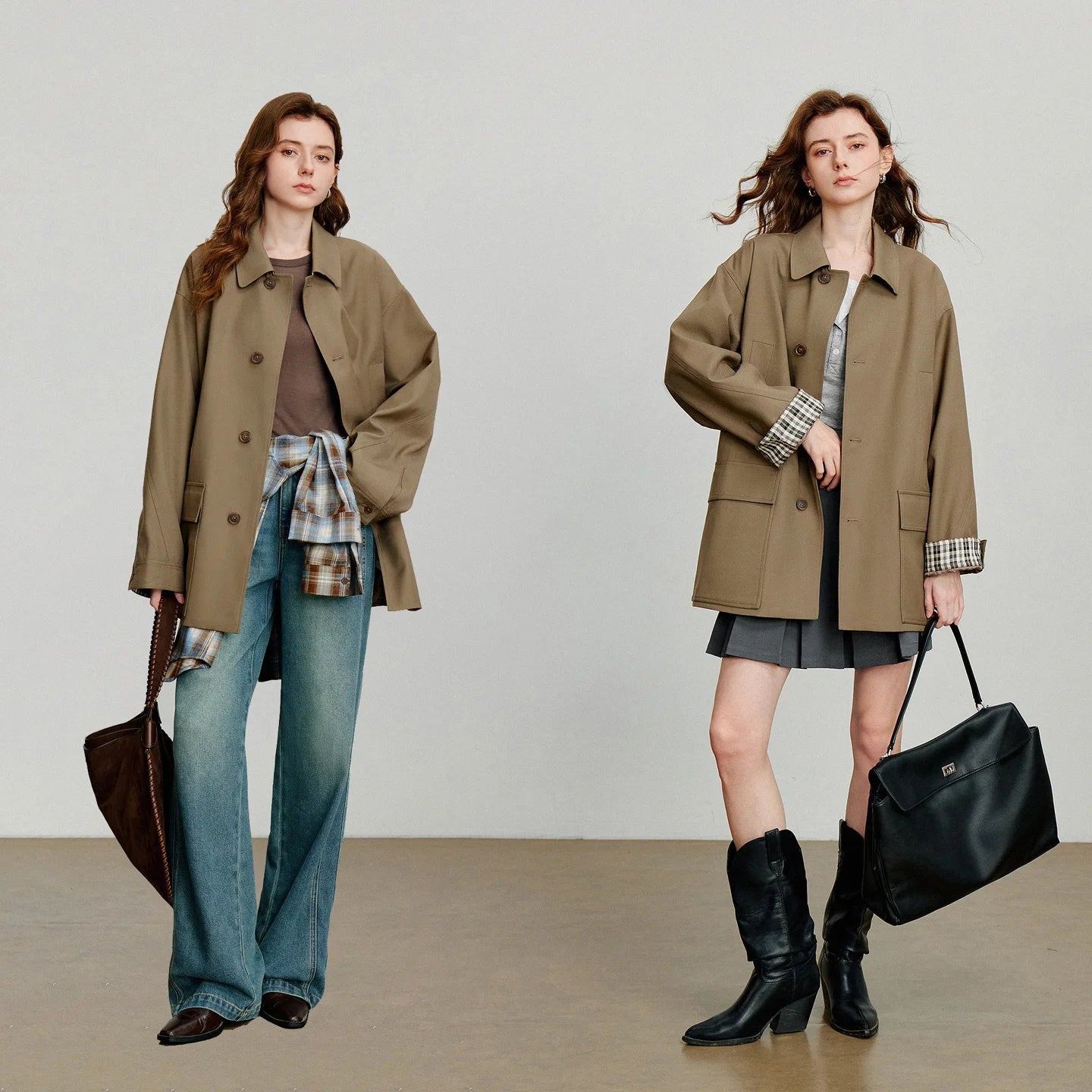 TOYOUTH Women Trench Coat 2025 Autumn New Barn Style Plaid Splicing Long Sleeve Streetwear Mid Length Jacket With Waist Belt