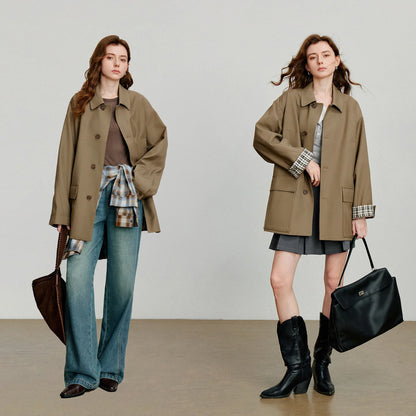 TOYOUTH Women Trench Coat 2025 Autumn New Barn Style Plaid Splicing Long Sleeve Streetwear Mid Length Jacket With Waist Belt