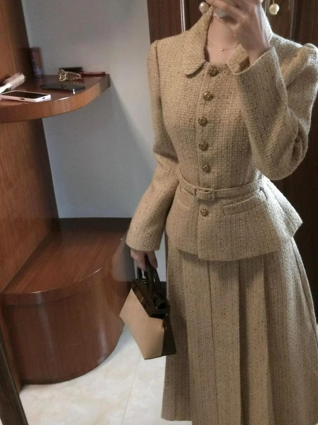 Elegant Khaki Waist Jacket & Skirt Set for Women