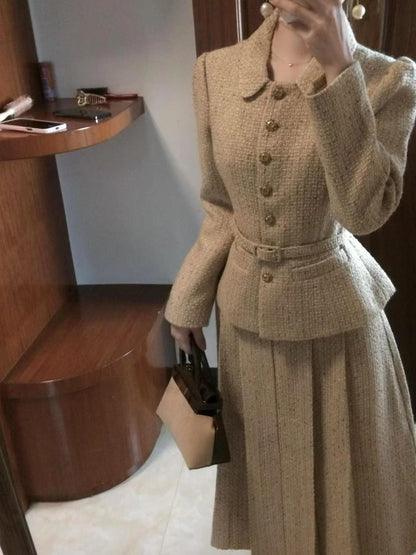 Elegant Khaki Waist Jacket & Skirt Set for Women