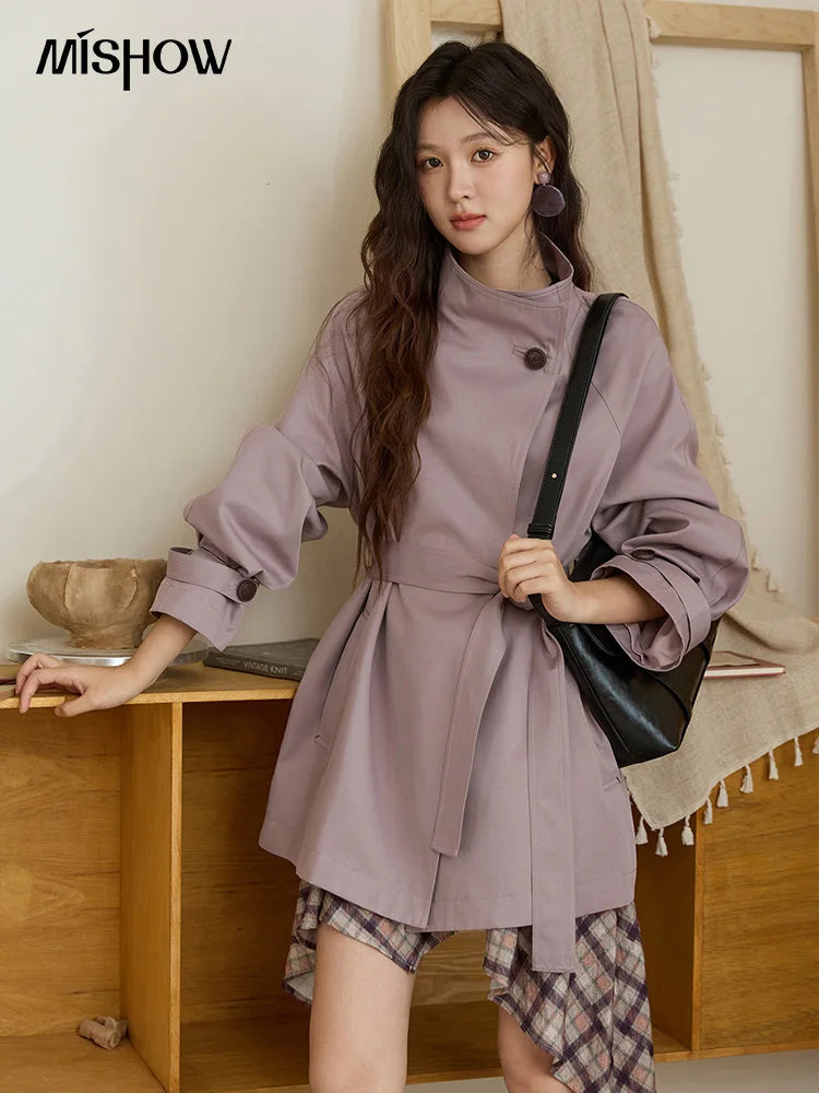 MISHOW Women Stand Up Collar Trench 2025 Autumn Cotton Fashionable Long Sleeve Streetwear Medium Long Trench Coat MXE44W0813