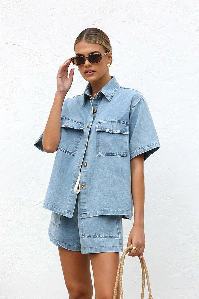 2025 Vintage High Street Denim Suits Women Short Sleeve Button Loose Comfortable Shirt Female Two Piece Sets High Waist Shorts