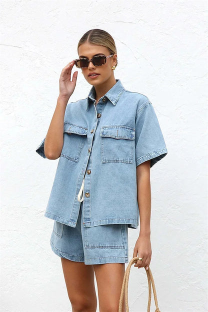 2025 Vintage High Street Denim Suits Women Short Sleeve Button Loose Comfortable Shirt Female Two Piece Sets High Waist Shorts