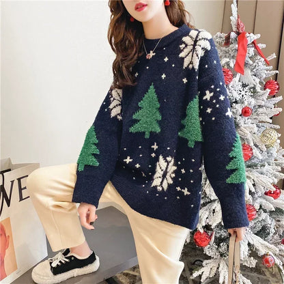 Korean Color-Block Christmas Sweater – Thickened Cozy Winter Top