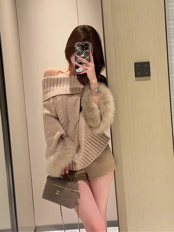 oulder-Baring Long Sve Cloak Sweater Women Loose Slimming High-End Spicy Girl Autumn Faion Pure Desire Thousand Gold Wind