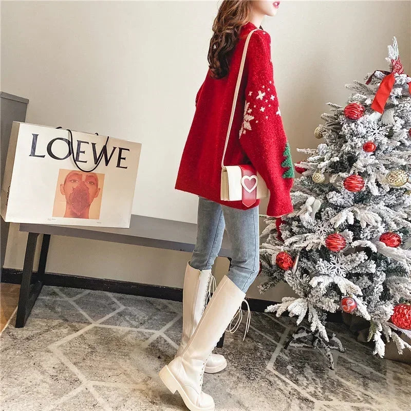 Korean Color-Block Christmas Sweater – Thickened Cozy Winter Top