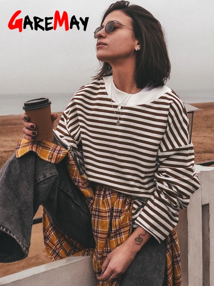 Women's Striped T-shirt 95% Cotton Oversized Black and White Casual Basic Long Sleeve Top Vintage  Casual T-shirts for Women