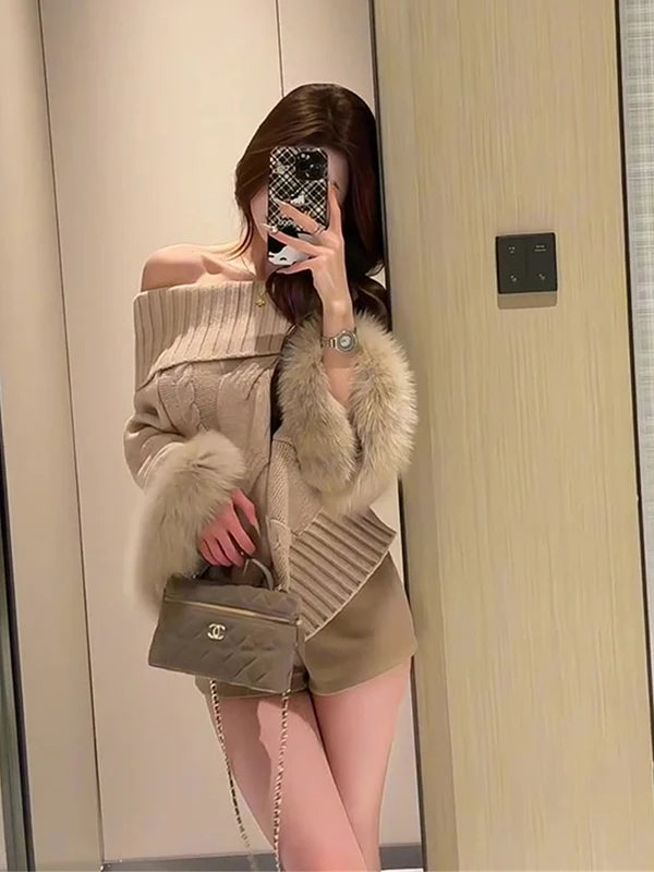 oulder-Baring Long Sve Cloak Sweater Women Loose Slimming High-End Spicy Girl Autumn Faion Pure Desire Thousand Gold Wind