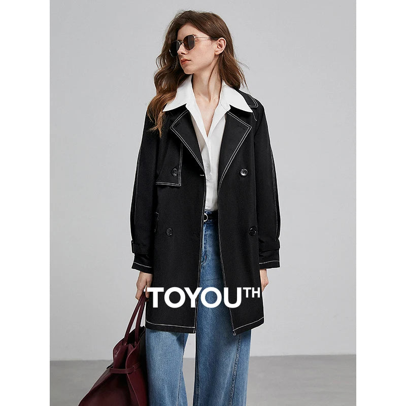 TOYOUTH Women Windbreaker 2025 Spring New Contrasting Color Lapel Collar Medium Long Workwear Jacket With Waistbelt