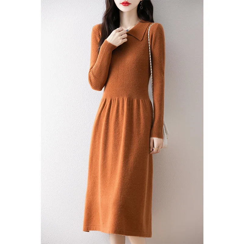 100% pure wool women's long skirt hot sale 2024 winter new fashion cashmere dress women's POLO collar wool clothing