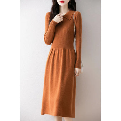100% pure wool women's long skirt hot sale 2024 winter new fashion cashmere dress women's POLO collar wool clothing