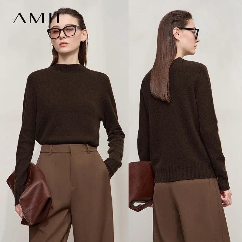 AMII Women's Sweater 100% Wool 2025 Autumn New  Long Sleeve Tops Solid Loose Casual Versatile Sweaters Women's Clothing 12513012