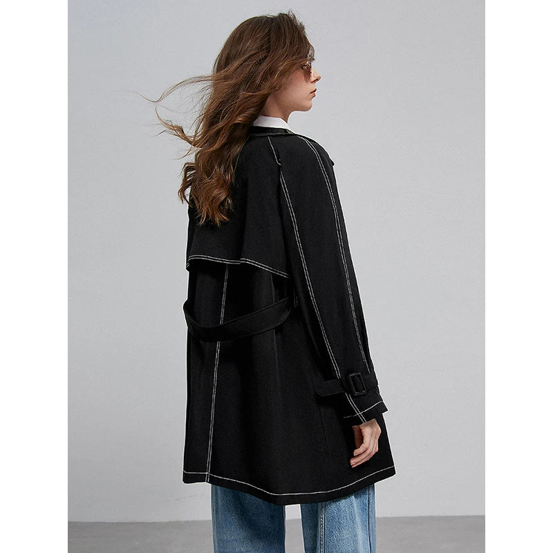 TOYOUTH Women Windbreaker 2025 Spring New Contrasting Color Lapel Collar Medium Long Workwear Jacket With Waistbelt