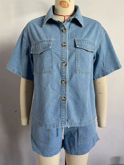 2025 Vintage High Street Denim Suits Women Short Sleeve Button Loose Comfortable Shirt Female Two Piece Sets High Waist Shorts