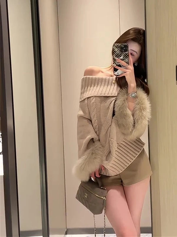 oulder-Baring Long Sve Cloak Sweater Women Loose Slimming High-End Spicy Girl Autumn Faion Pure Desire Thousand Gold Wind
